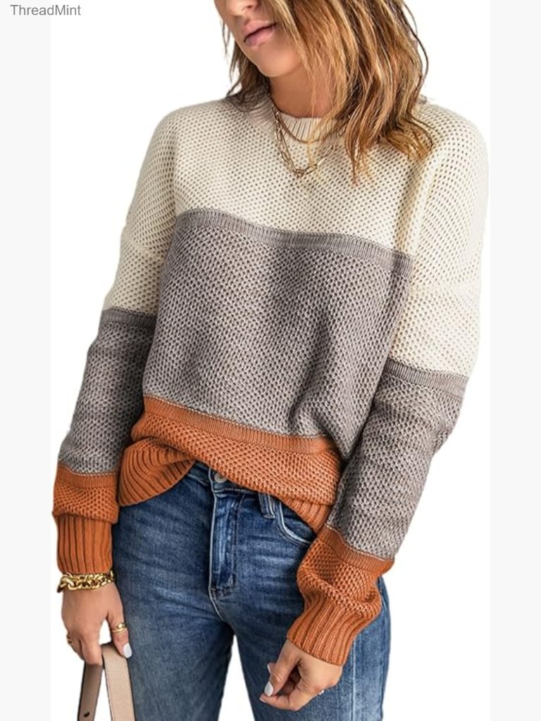 Color Block Sweater, Long Sleeve Crewneck Pullover Knit Top